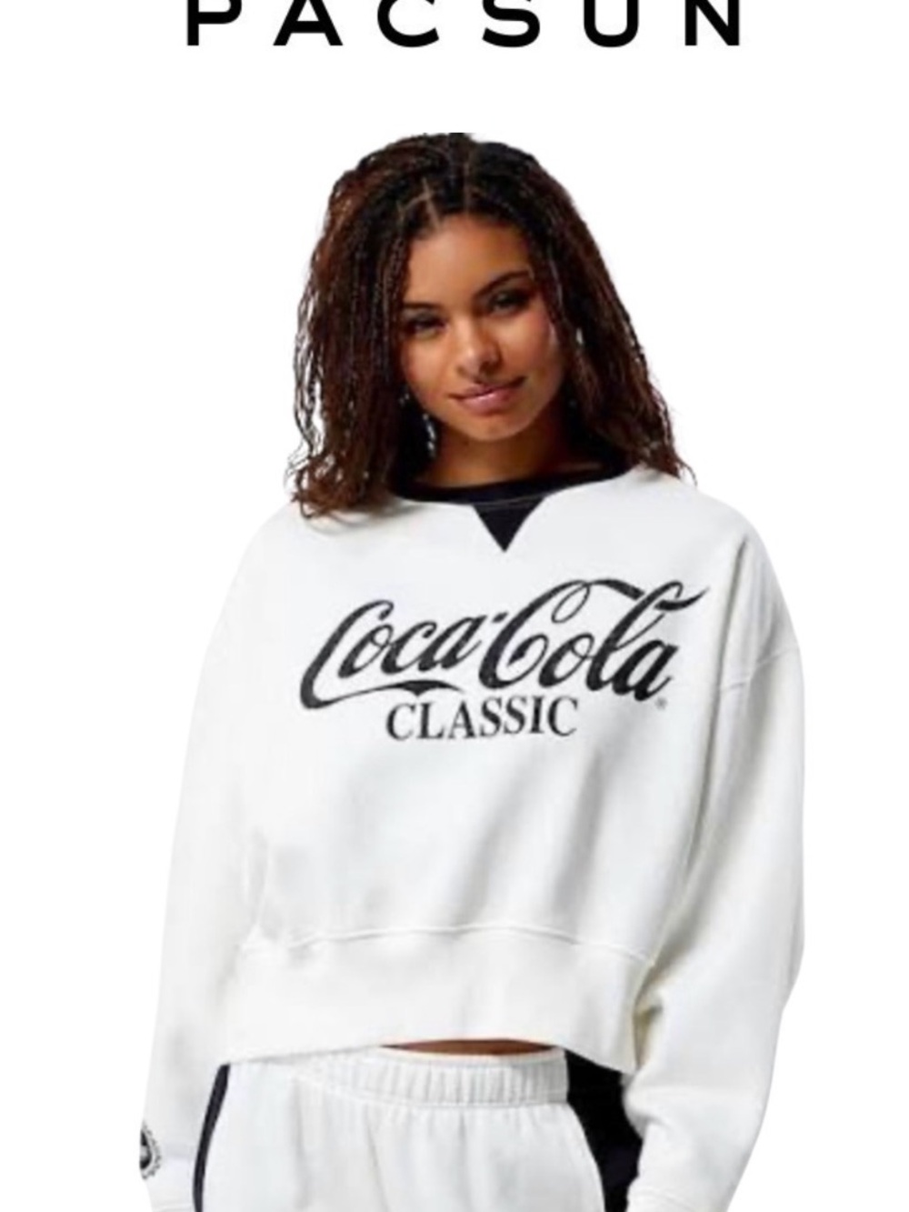Coca Cola Cropped White Crewneck Oversized Sweatshirt with Black Logo Size S